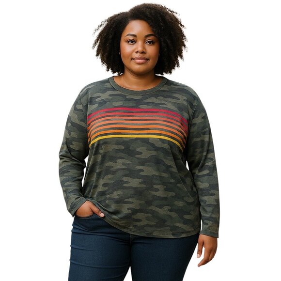 P.J. Salvage Camo Print Oversized Sweatshirt Green Size 3X Neutral Cozy Fall - Picture 1 of 11